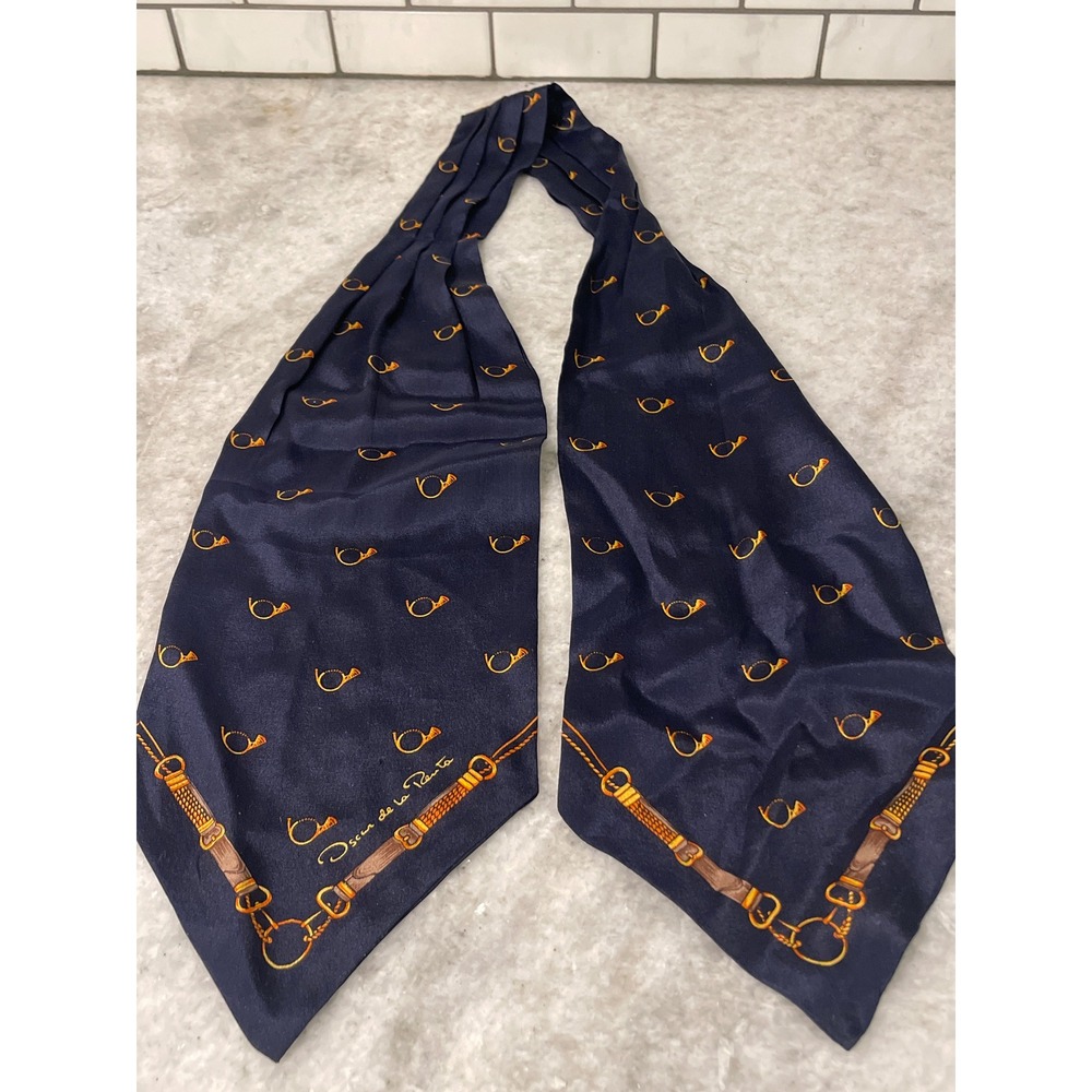 Oscar de la Renta Scarf Womens OS Navy Blue Silk Hunting Horn Equestrian Print